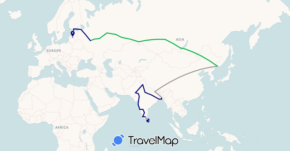 TravelMap itinerary: driving, bus, plane in Bangladesh, Estonia, Finland, India, Sri Lanka, Latvia, Nepal, Russia (Asia, Europe)